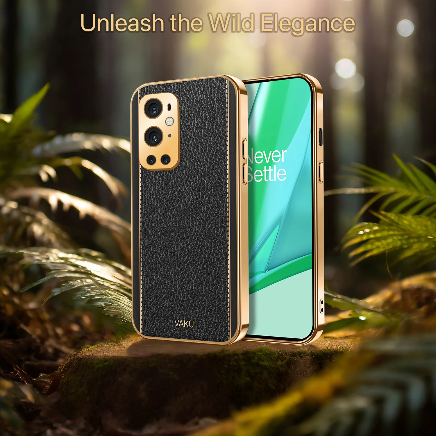 Vaku® OnePlus 9 Pro Luxemberg Series Leather Stitched Gold Electroplated Soft TPU Back Cover - Image 10