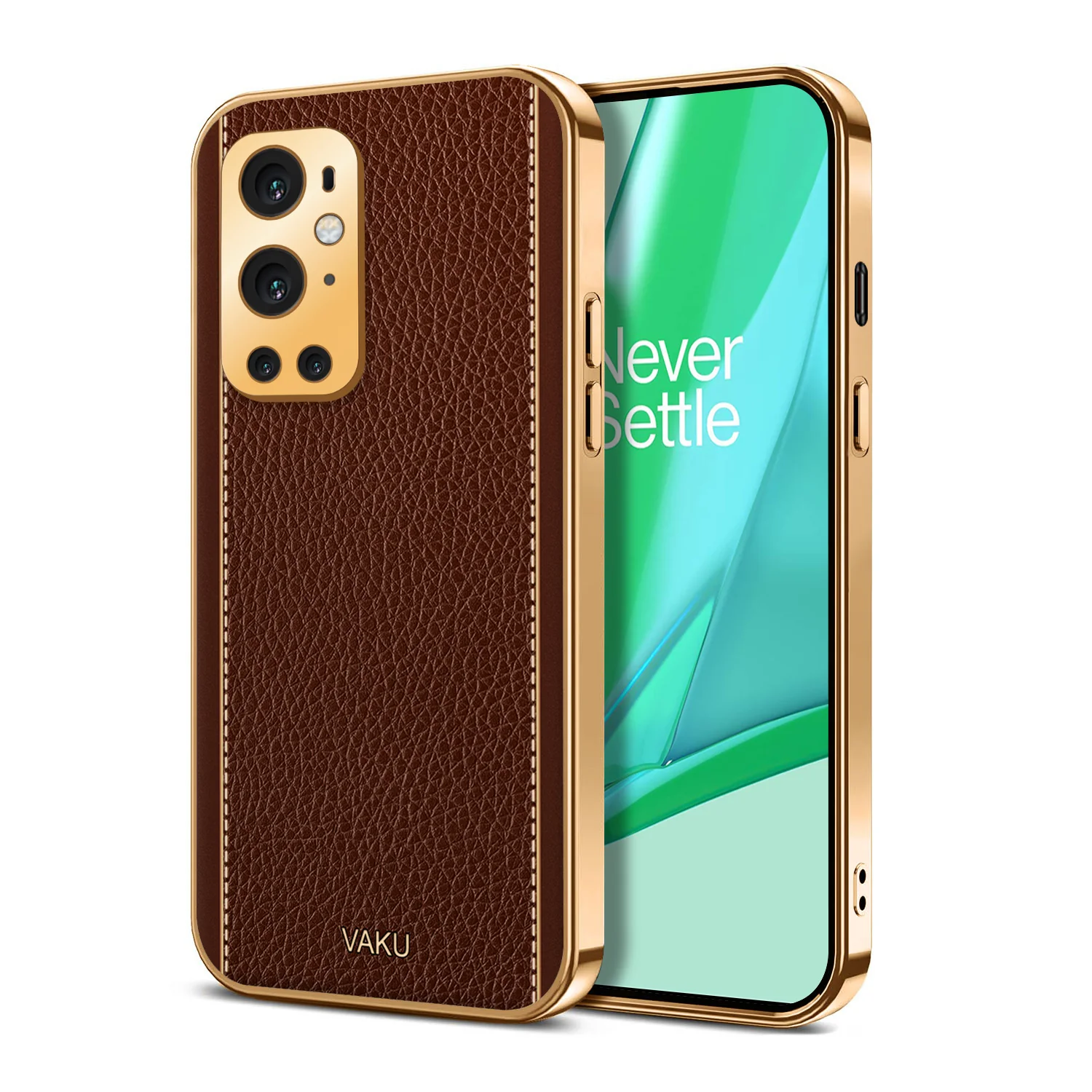 Vaku® OnePlus 9 Pro Luxemberg Series Leather Stitched Gold Electroplated Soft TPU Back Cover - Image 13