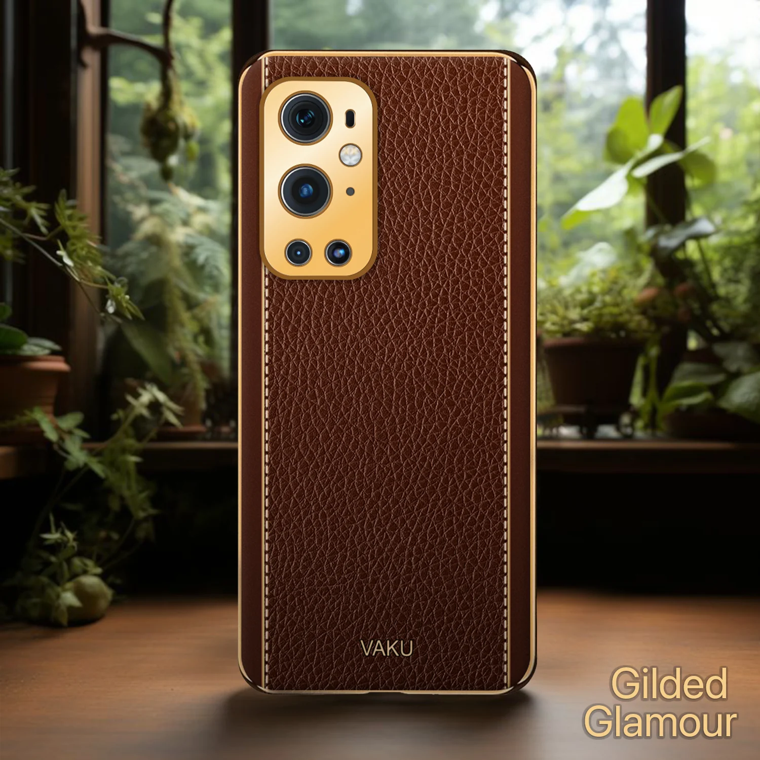 Vaku® OnePlus 9 Pro Luxemberg Series Leather Stitched Gold Electroplated Soft TPU Back Cover - Image 14