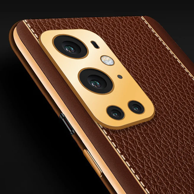 Vaku® OnePlus 9 Pro Luxemberg Series Leather Stitched Gold Electroplated Soft TPU Back Cover - Image 2