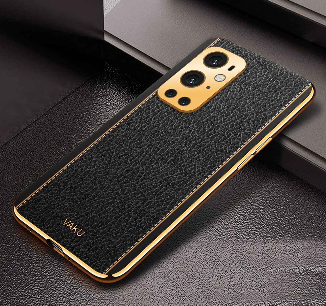 Vaku® OnePlus 9 Pro Luxemberg Series Leather Stitched Gold Electroplated Soft TPU Back Cover - Image 4