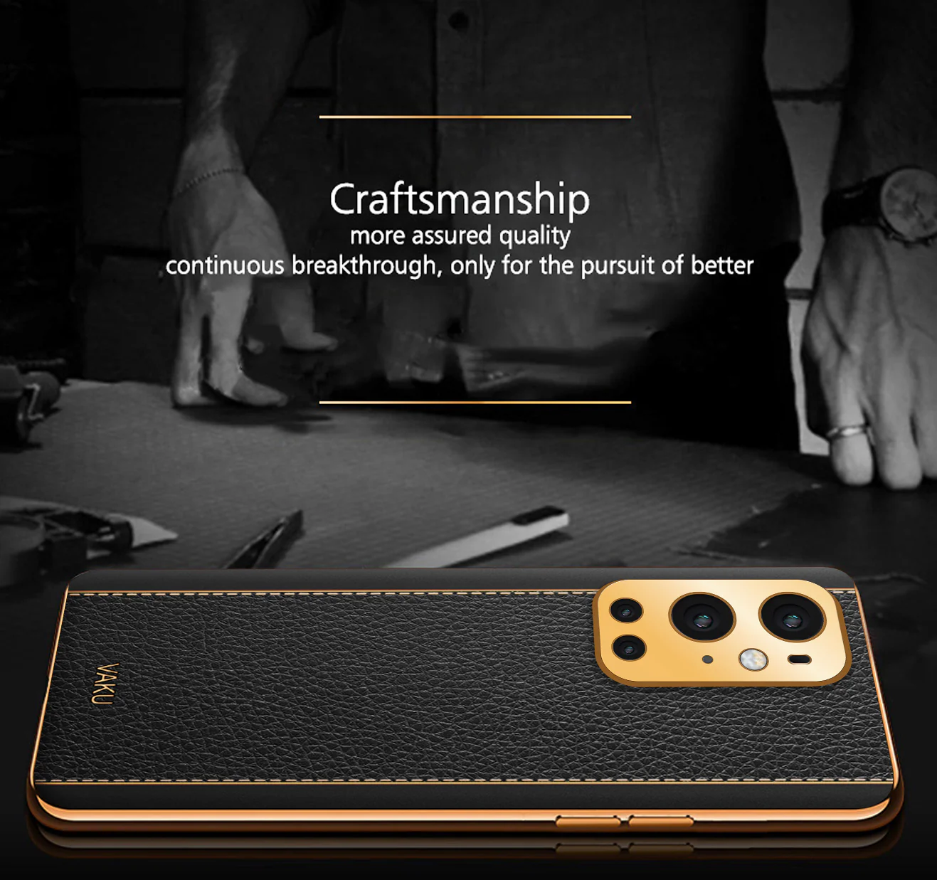 Vaku® OnePlus 9 Pro Luxemberg Series Leather Stitched Gold Electroplated Soft TPU Back Cover - Image 5