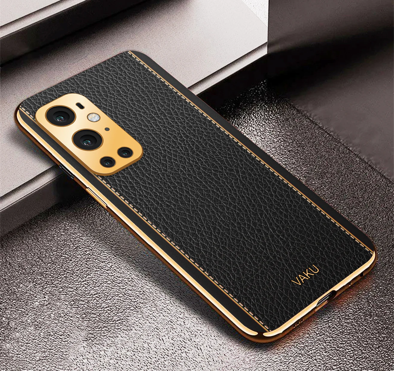 Vaku® OnePlus 9 Pro Luxemberg Series Leather Stitched Gold Electroplated Soft TPU Back Cover - Image 6