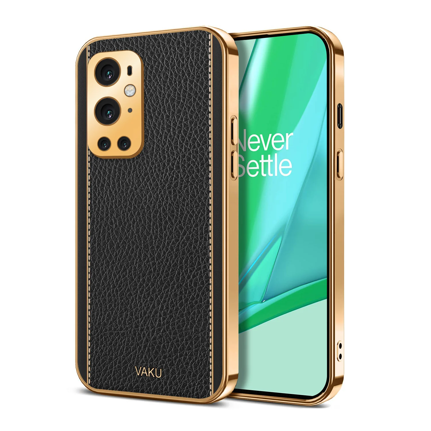 Vaku® OnePlus 9 Pro Luxemberg Series Leather Stitched Gold Electroplated Soft TPU Back Cover - Image 9