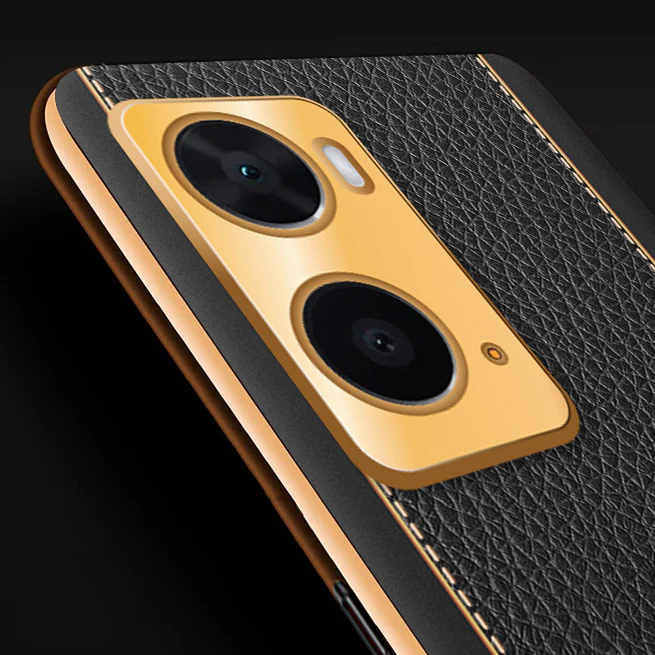 Vaku® Oppo A76 Luxemberg Series Leather Stitched Gold Electroplated Soft TPU Back Cover - Image 2