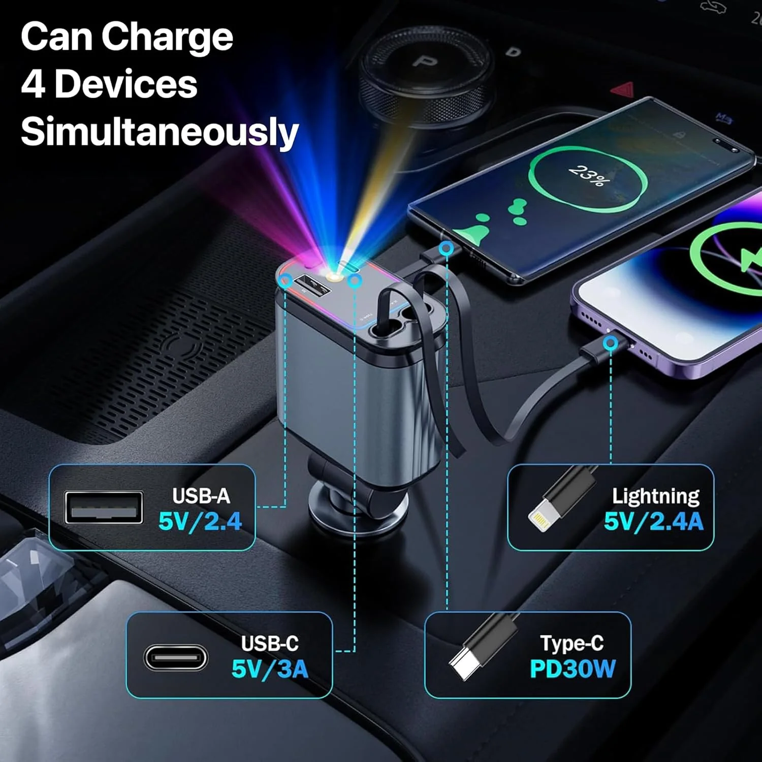 DR VAKU ® 4-in-1 66W Retractable Car Charger Fast Charging Dual USB Port with Starry Sky Light - Image 2