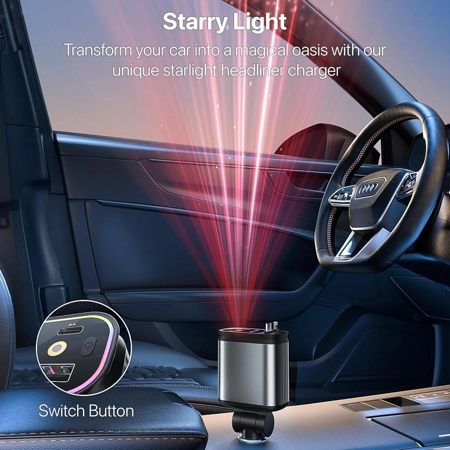 DR VAKU ® 4-in-1 66W Retractable Car Charger Fast Charging Dual USB Port with Starry Sky Light - Image 3