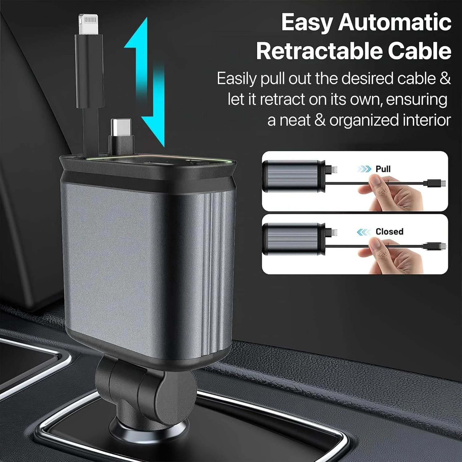DR VAKU ® 4-in-1 66W Retractable Car Charger Fast Charging Dual USB Port with Starry Sky Light - Image 4