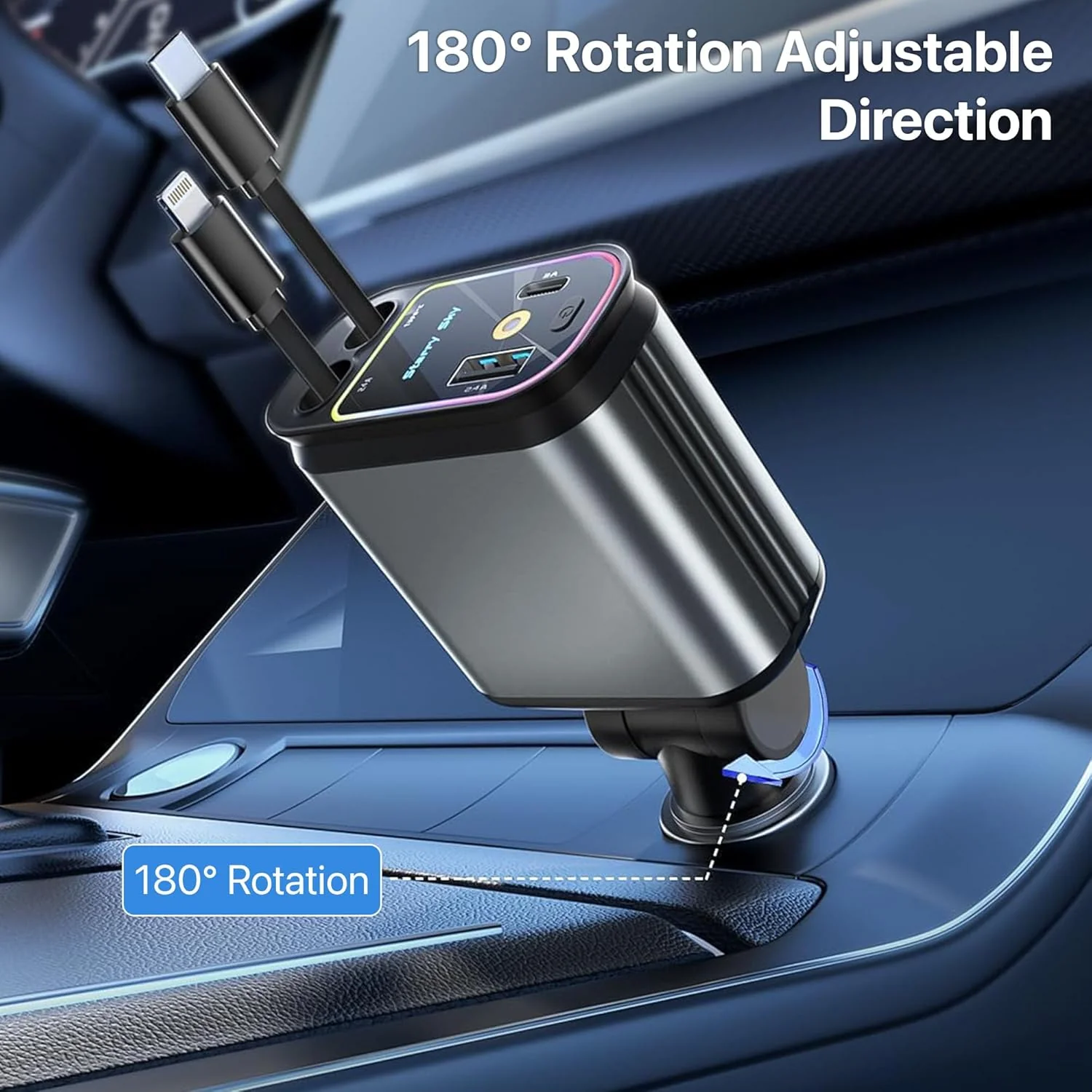 DR VAKU ® 4-in-1 66W Retractable Car Charger Fast Charging Dual USB Port with Starry Sky Light - Image 5