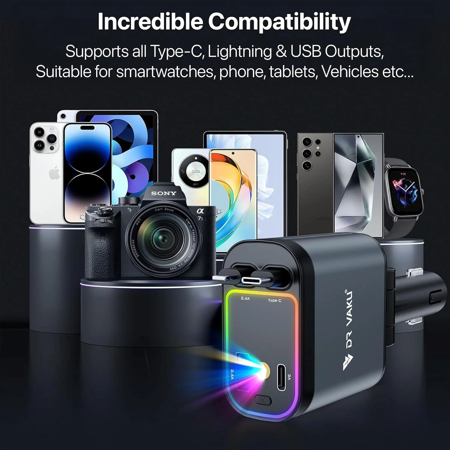 DR VAKU ® 4-in-1 66W Retractable Car Charger Fast Charging Dual USB Port with Starry Sky Light - Image 6