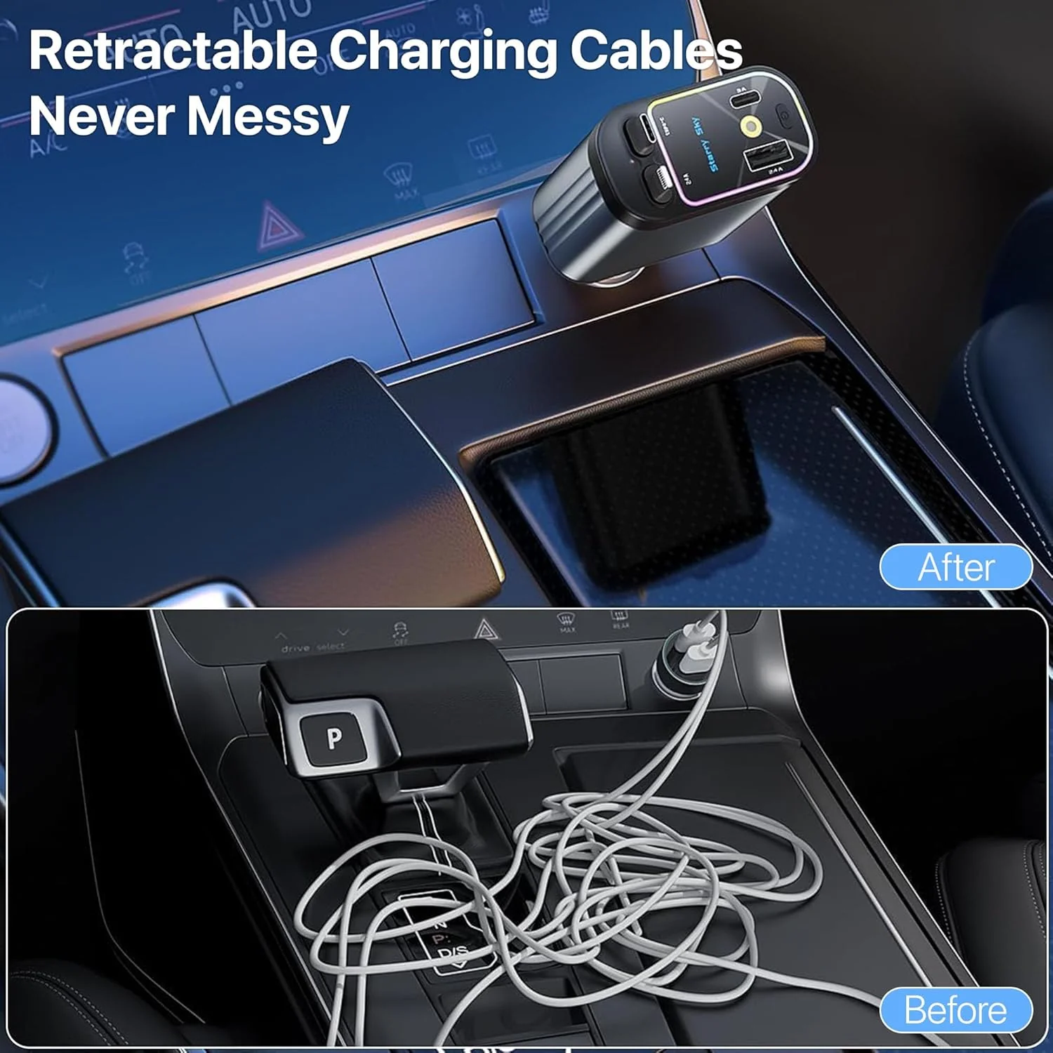 DR VAKU ® 4-in-1 66W Retractable Car Charger Fast Charging Dual USB Port with Starry Sky Light - Image 7
