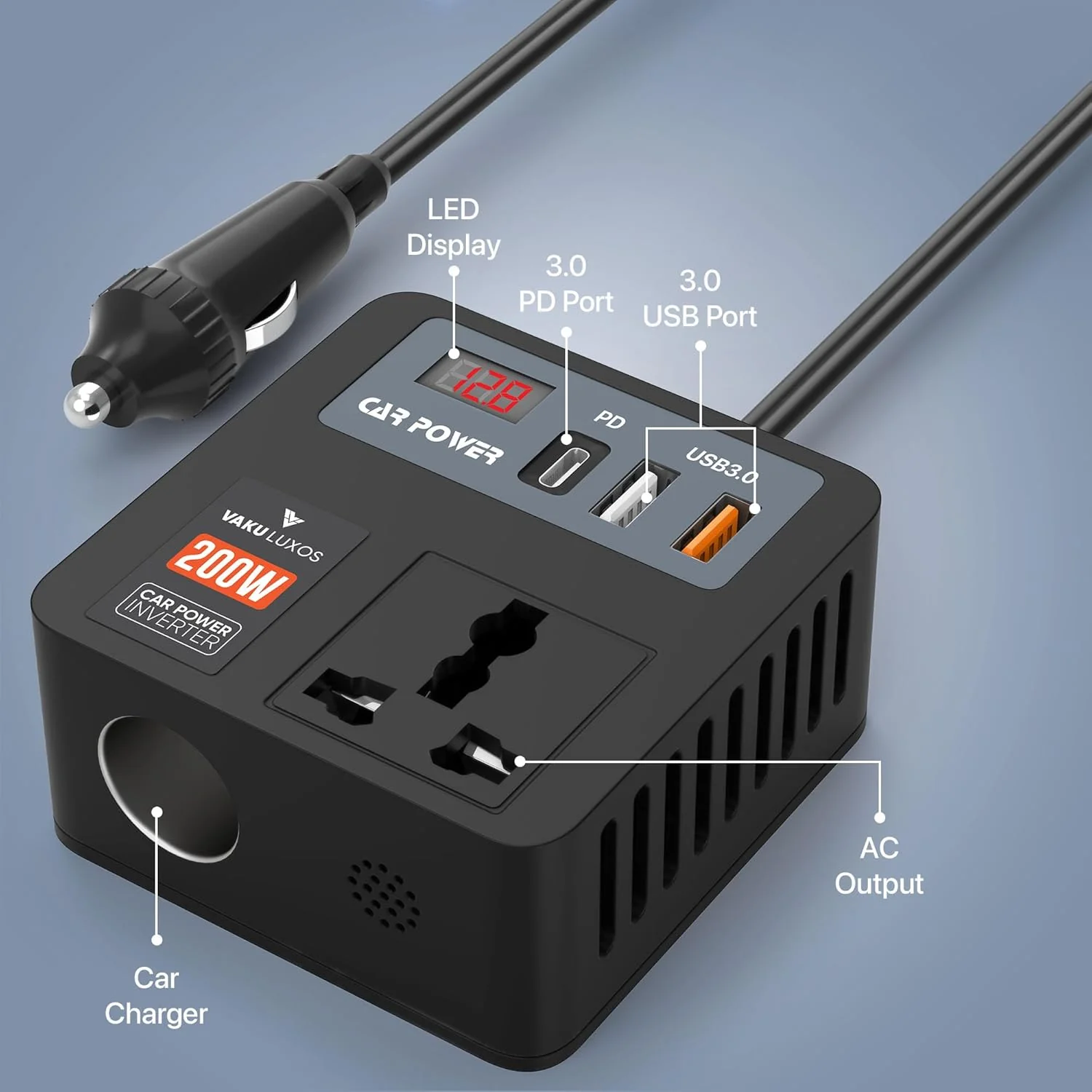 DR VAKU ® 5in1 VoltDrive Neo 200W Fast Charging Car Power Inverter 12V DC to 220V AC Socket Converter - Image 4