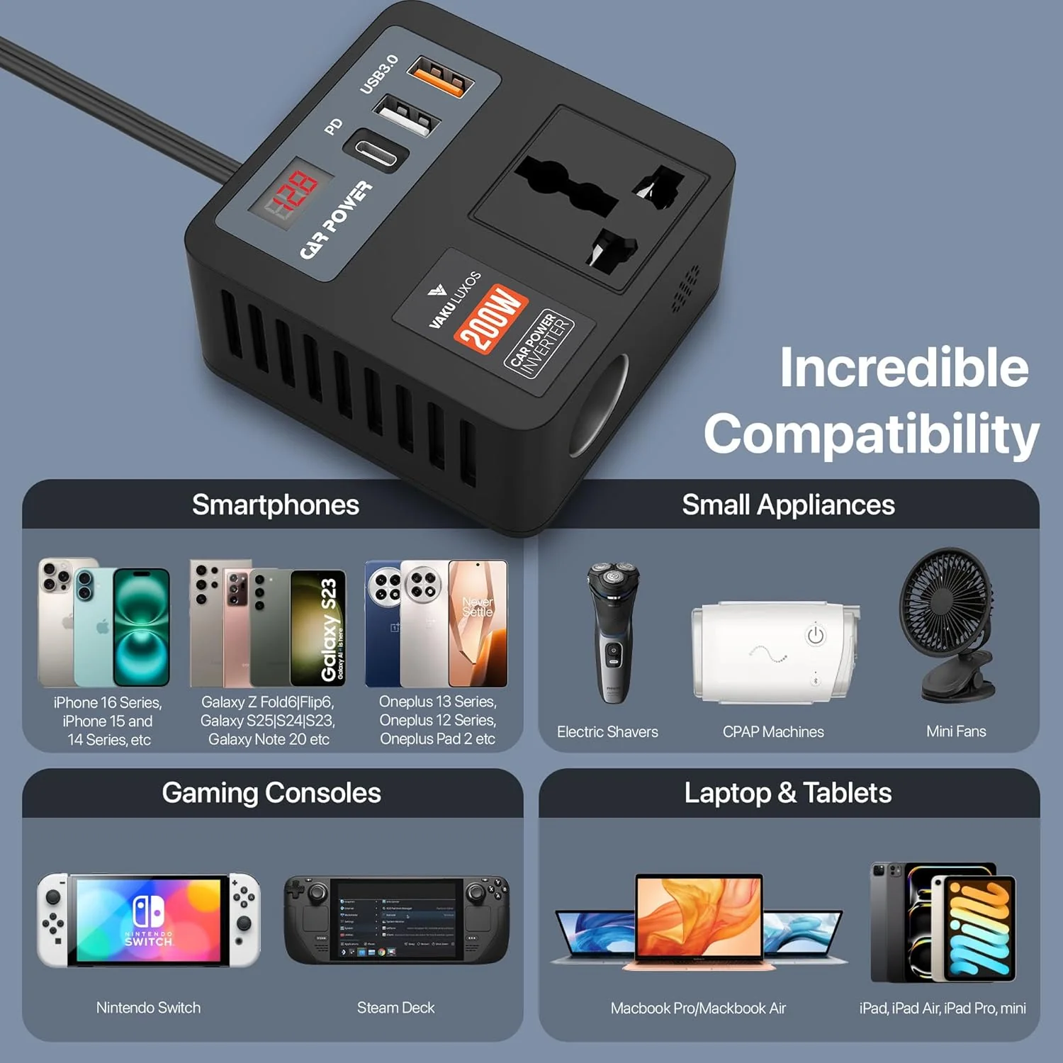 DR VAKU ® 5in1 VoltDrive Neo 200W Fast Charging Car Power Inverter 12V DC to 220V AC Socket Converter - Image 6