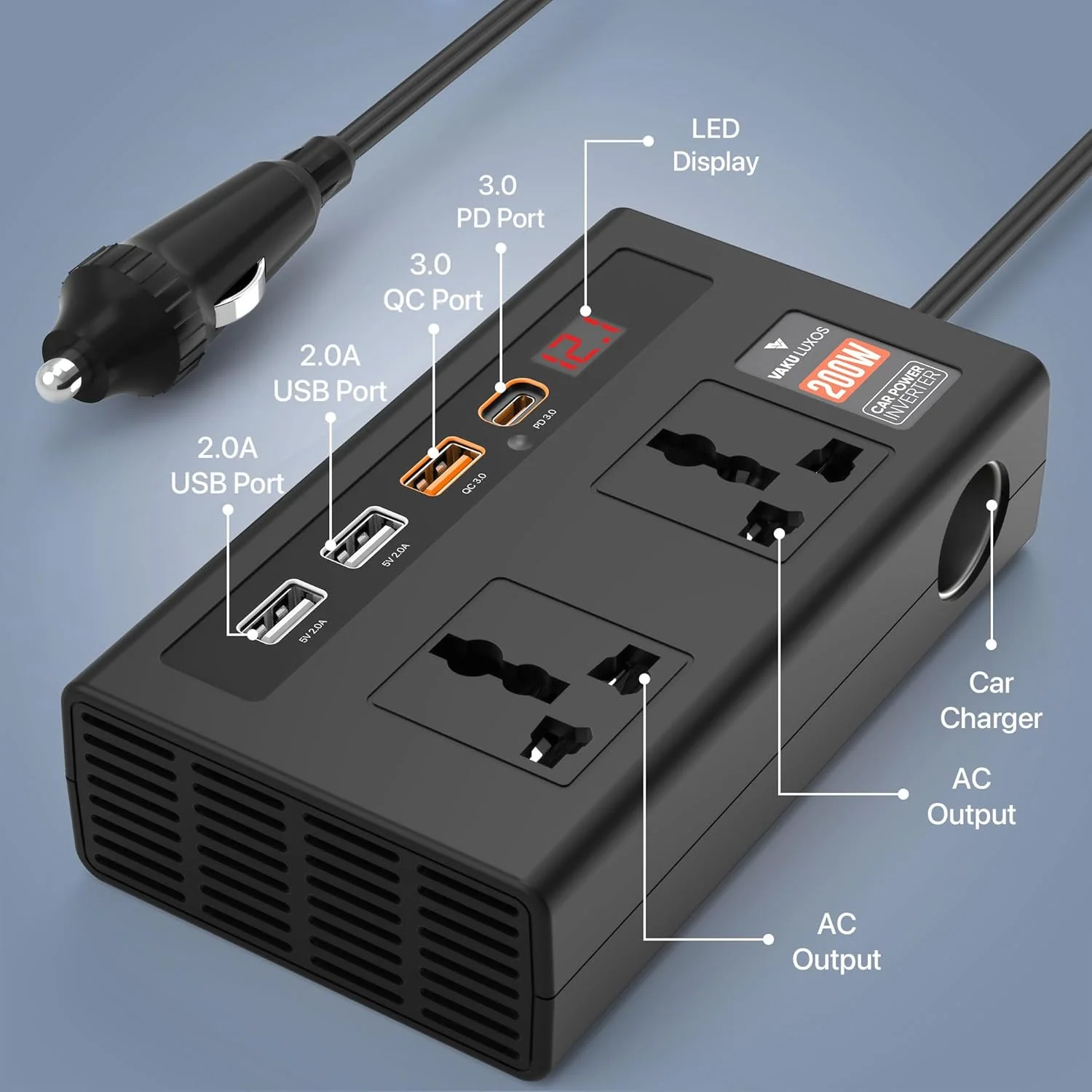 DR VAKU ® 7in1 VoltDrive Pro 200W Fast Charging Car Power Inverter 12V DC to 220V AC Socket Converter - Image 4