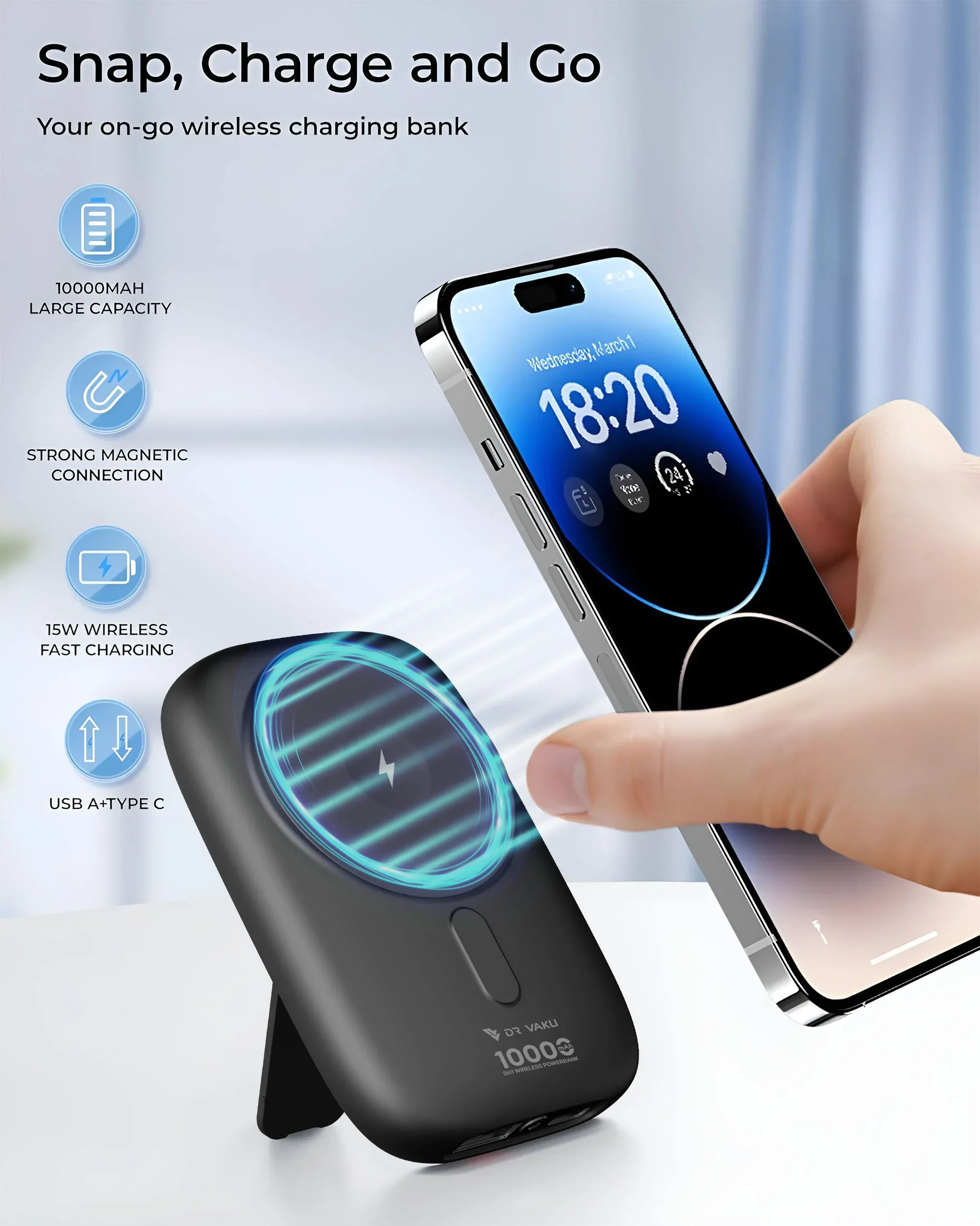 DR VAKU ® Astramag 10000mAh Magpro 15W Super Fast Charging 20W PD Wireless Power Bank - Image 4