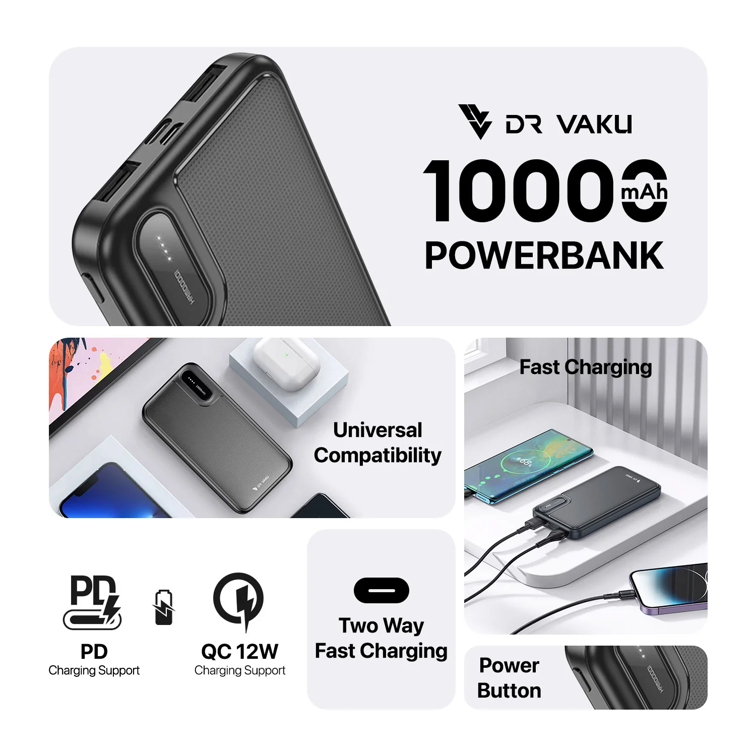 Dr. Vaku ® CYRA 10000mAh Power Bank 12W Dual USB Output, Type-C & Micro-USB Input, Compact & Portable - Image 4