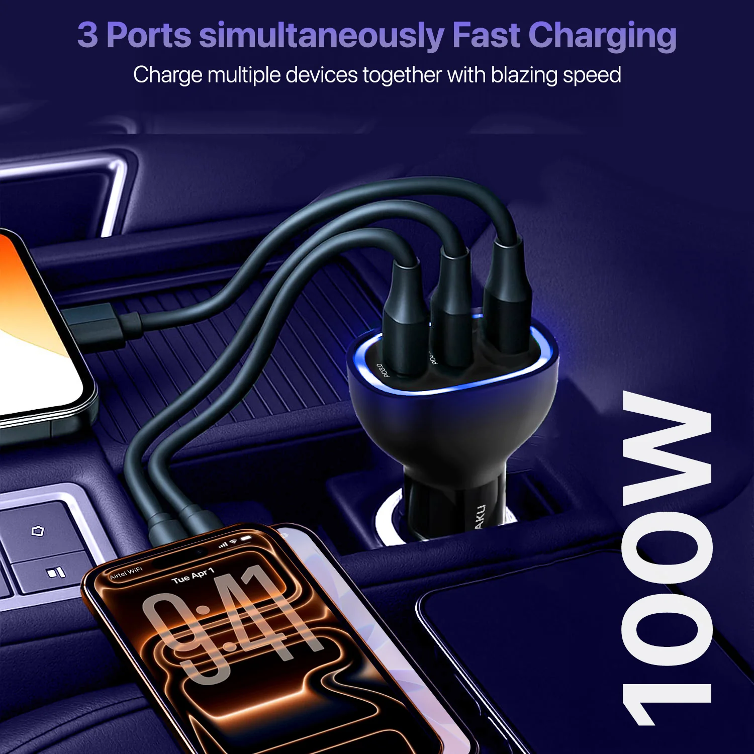 DR VAKU ® MECAVOLT 100W Car Charger Fast Charging Triple Port Dual 2X Type C PD PPS + QC 3.0 USB - Image 5