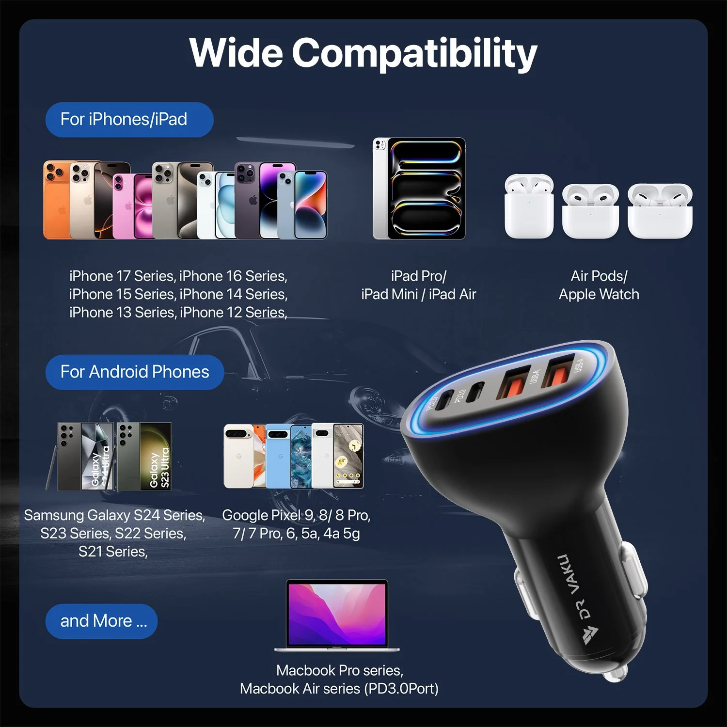 DR VAKU ® NOARVOLT 88W Car Charger Fast Charging 4-Port Dual 2X 35W Type C PD PPS + 2X 18w QC 3.0 USB - Image 4