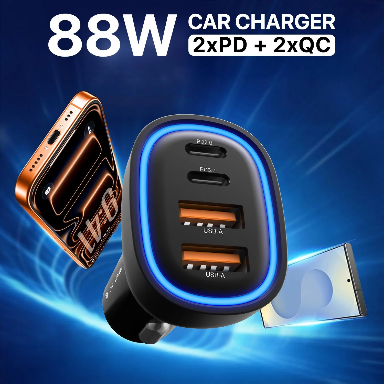 DR VAKU ® NOARVOLT 88W Car Charger Fast Charging 4-Port Dual 2X 35W Type C PD PPS + 2X 18w QC 3.0 USB - Image 5