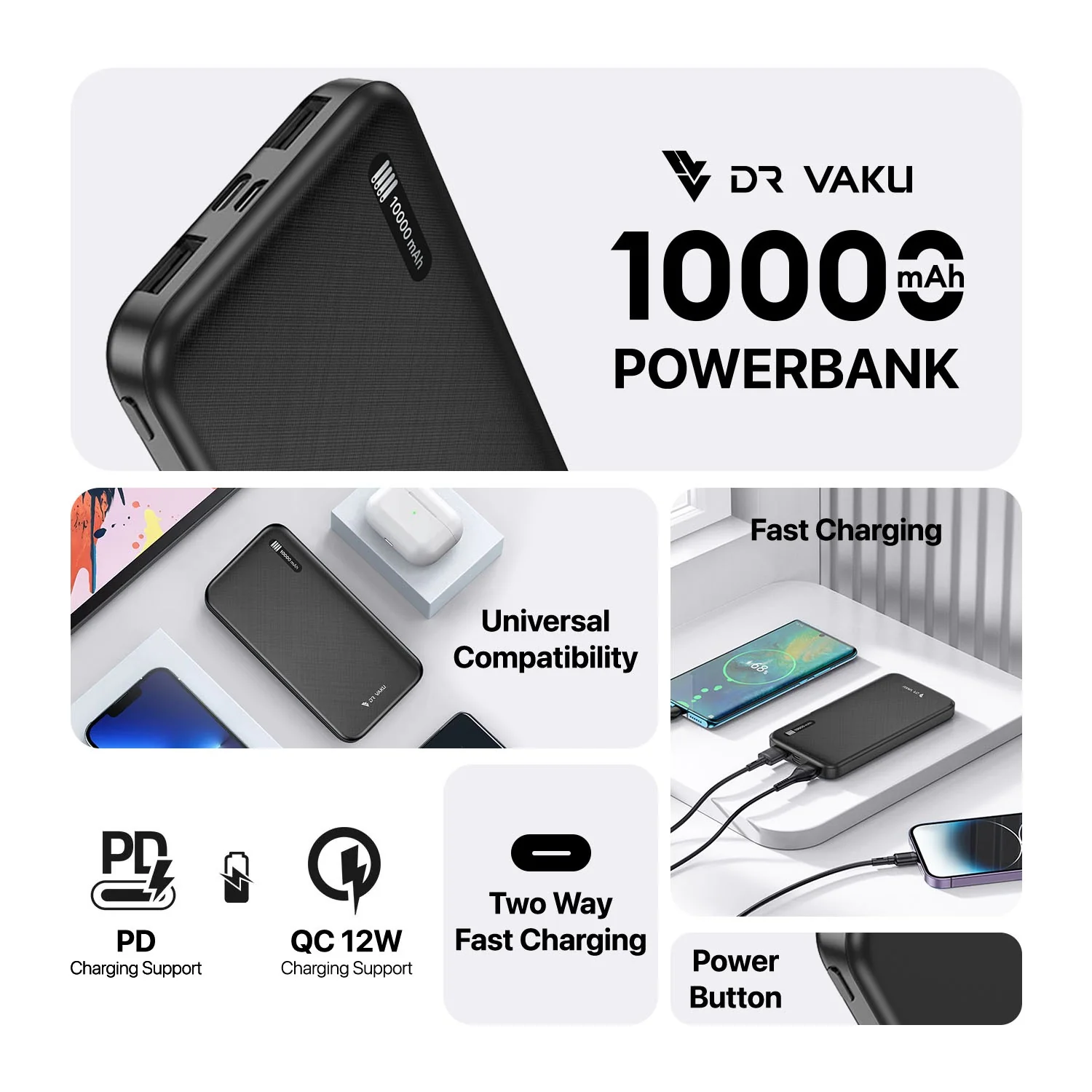 Dr Vaku ® CYREX 10000mAh Power Bank 12W Dual USB Fast Charge | Type-C & Micro-USB Input | Ultra-Compact & Portable - Image 4
