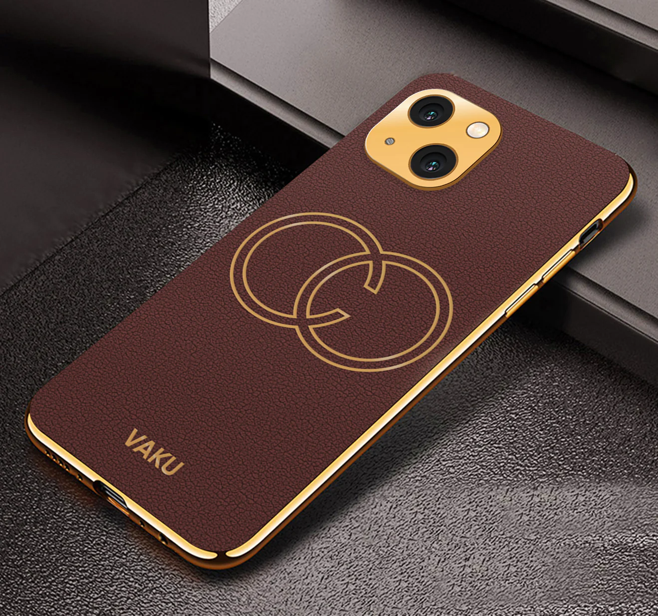 Vaku® Apple iPhone 13 Skylar Leather Pattern Gold Electroplated Soft TPU Back Cover - Image 4