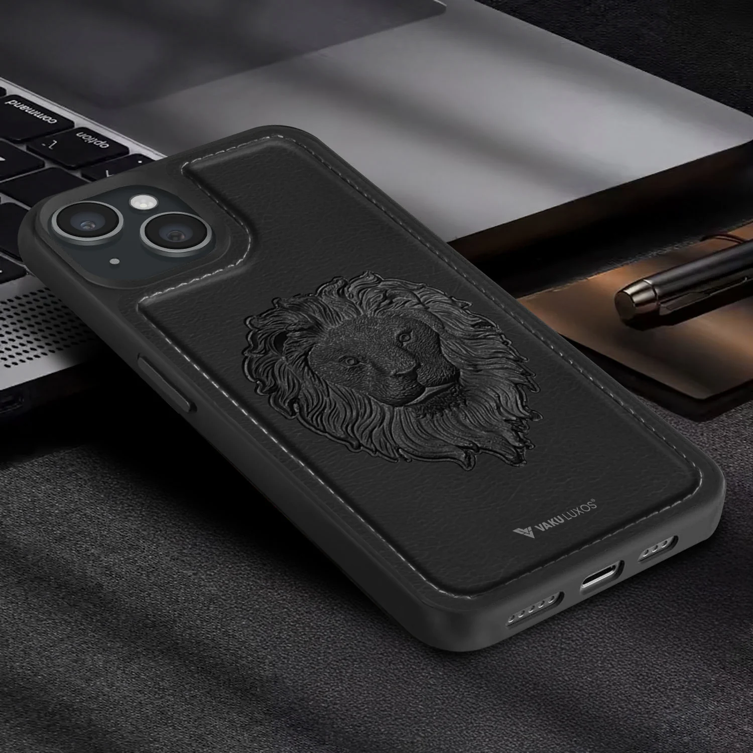 Vaku ® Apple iPhone 15 Plus Lion Embossed Luxury Designer Leather Protective Back Cover - Image 12