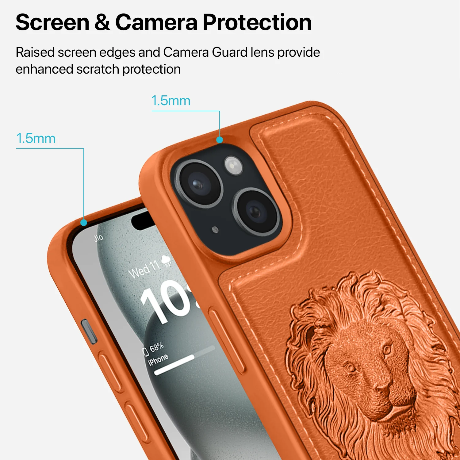 Vaku ® Apple iPhone 15 Plus Lion Embossed Luxury Designer Leather Protective Back Cover - Image 3