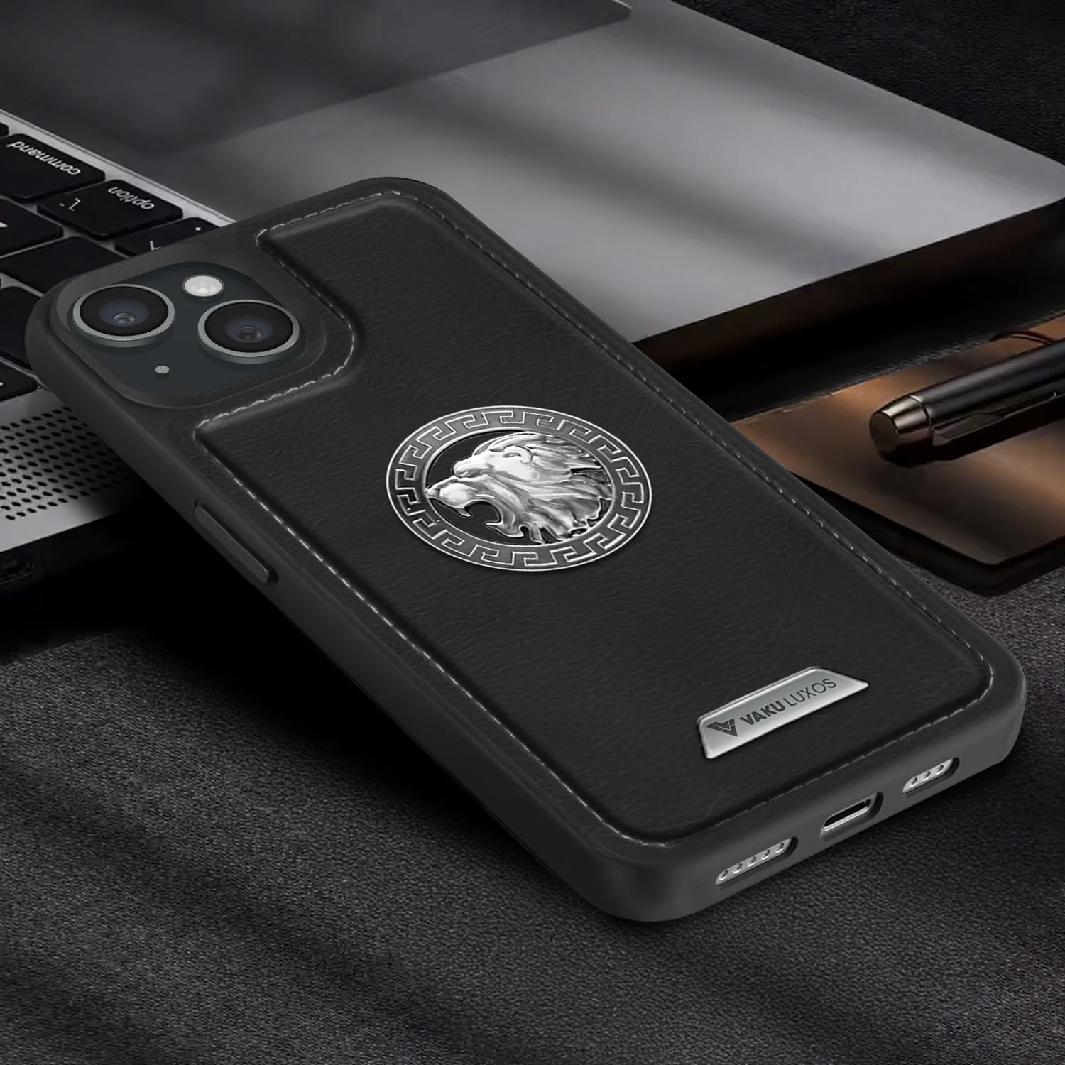 Vaku ® Apple iPhone 15 Plus Regal Shield Metal Lion Engraved Leather Back Cover - Image 14