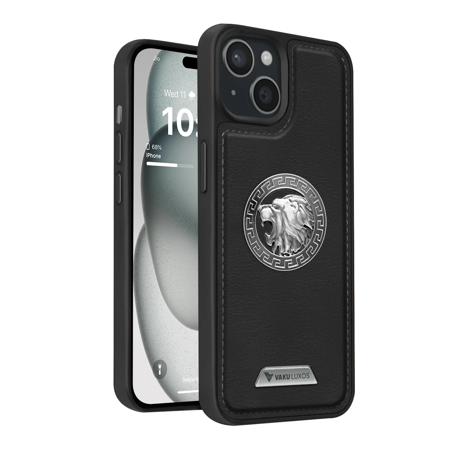 Vaku ® Apple iPhone 15 Plus Regal Shield Metal Lion Engraved Leather Back Cover - Image 2