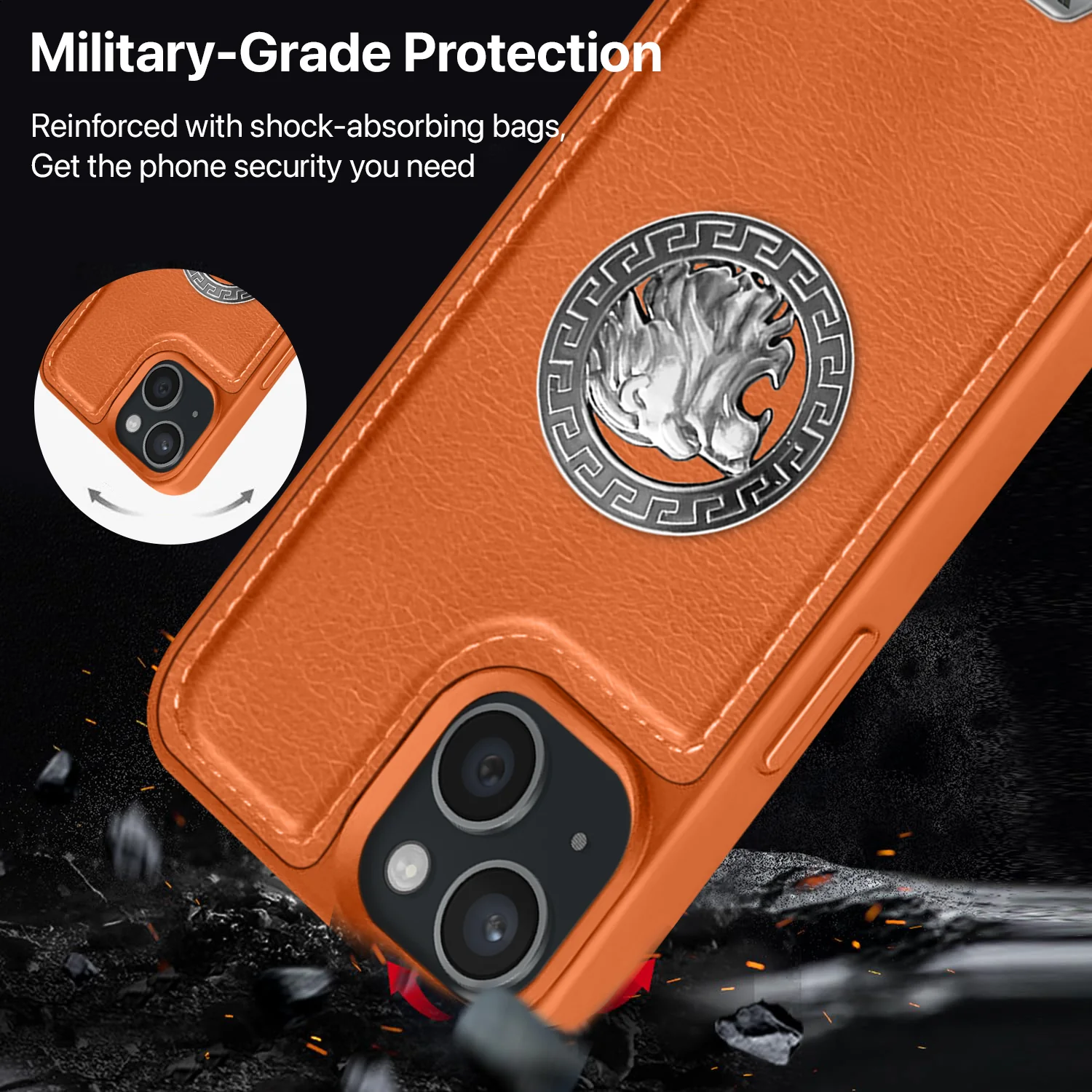 Vaku ® Apple iPhone 15 Plus Regal Shield Metal Lion Engraved Leather Back Cover - Image 5