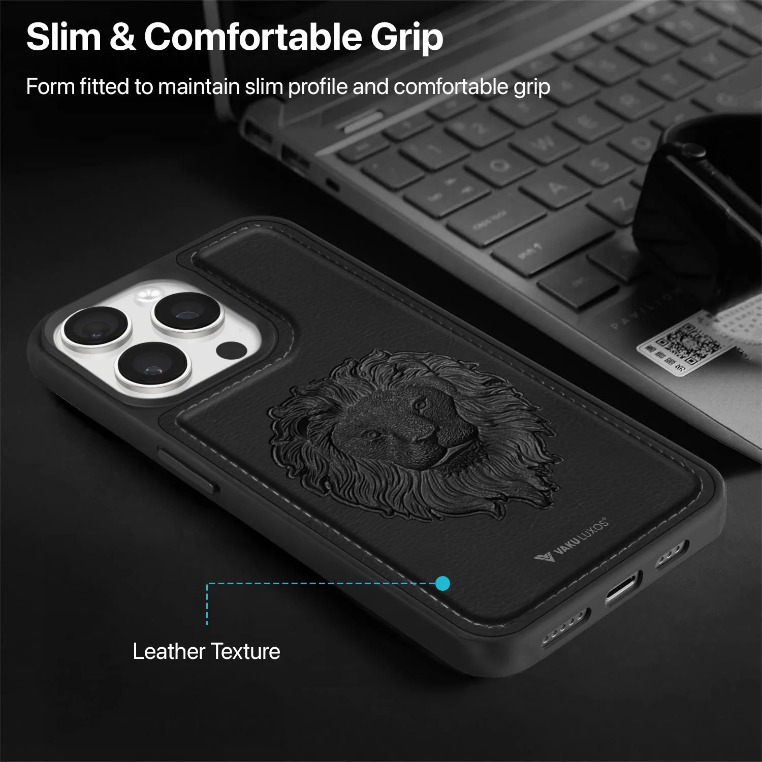 Vaku ® Apple iPhone 15 Pro Max Lion Embossed Luxury Designer Leather Back Cover - Image 12