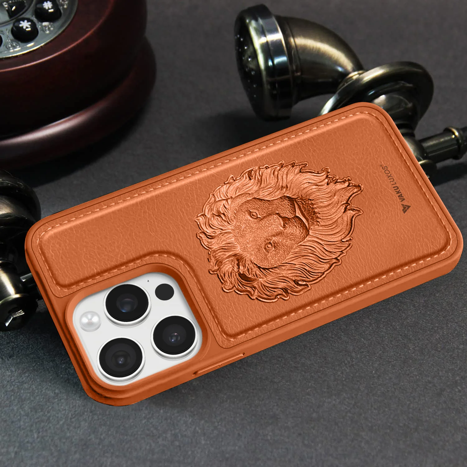 Vaku ® Apple iPhone 15 Pro Max Lion Embossed Luxury Designer Leather Back Cover - Image 4