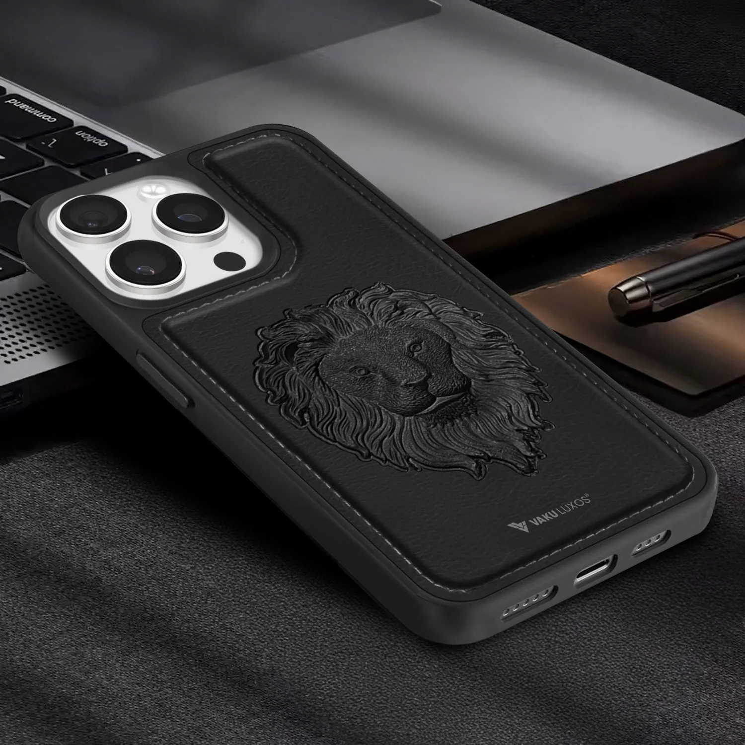 Vaku ® Apple iPhone 15 Pro Max Lion Embossed Luxury Designer Leather Back Cover - Image 6