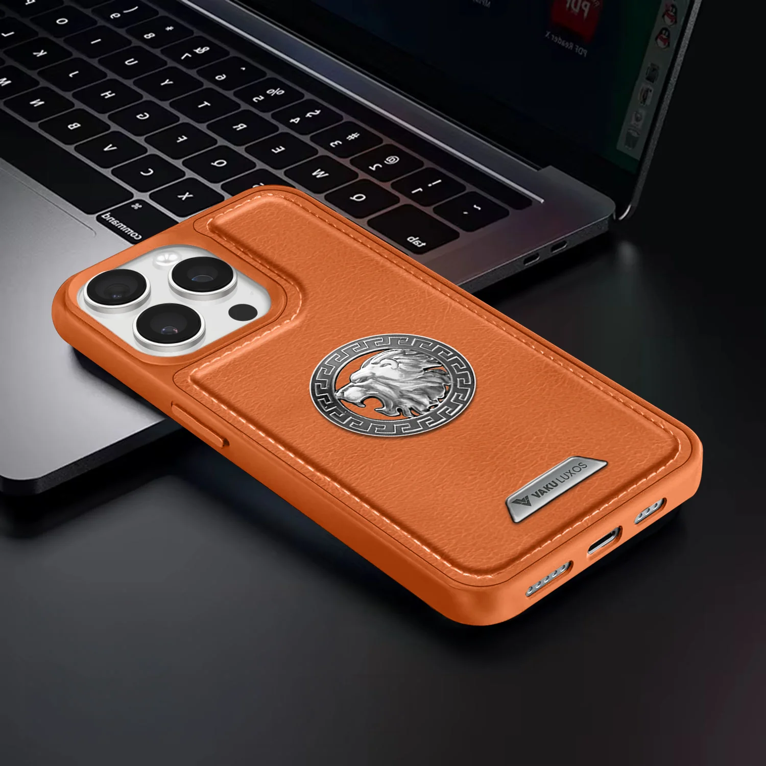 Vaku ® Apple iPhone 15 Pro Max Regal Shield Metal Lion Engraved Leather Back Cover - Image 10