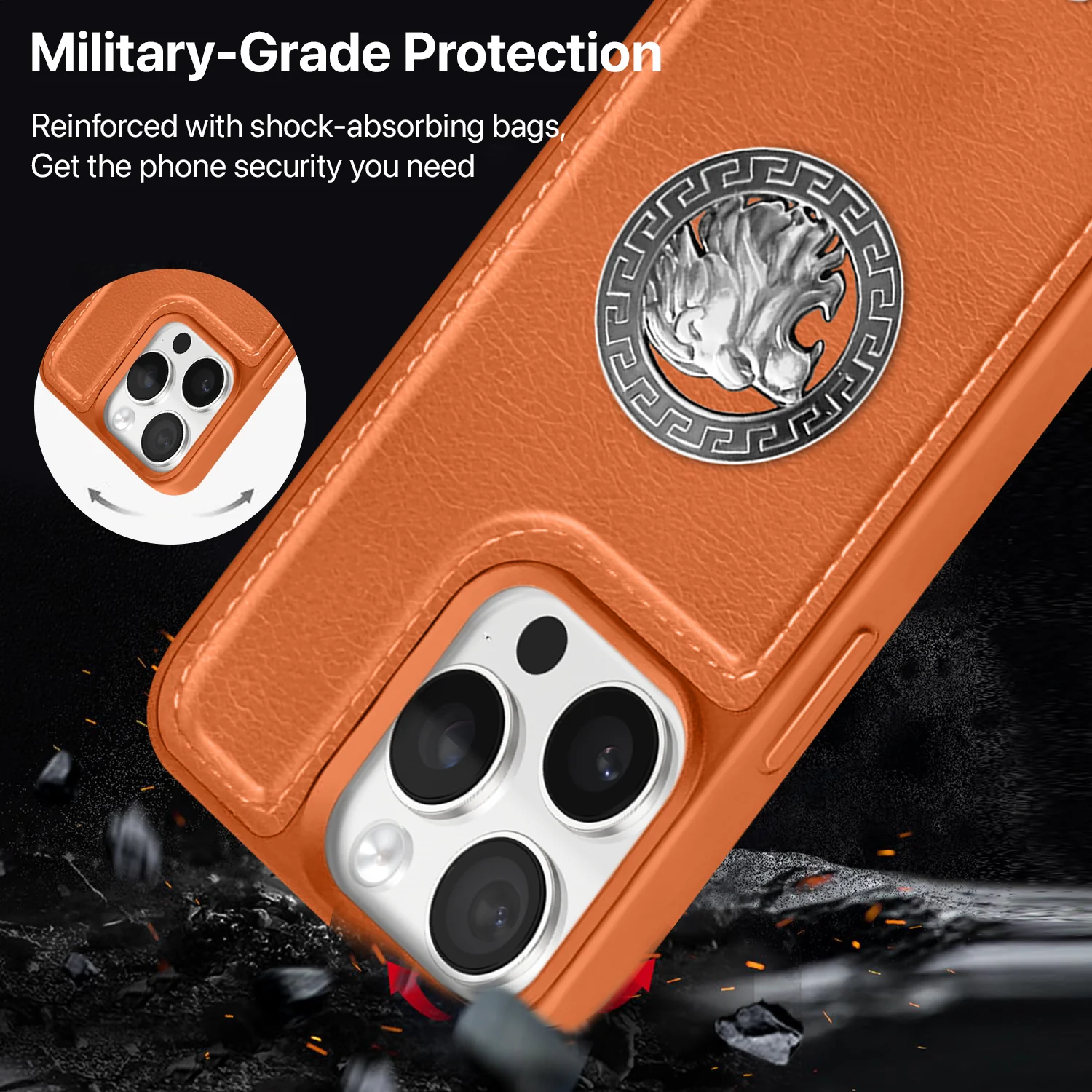 Vaku ® Apple iPhone 15 Pro Max Regal Shield Metal Lion Engraved Leather Back Cover - Image 5