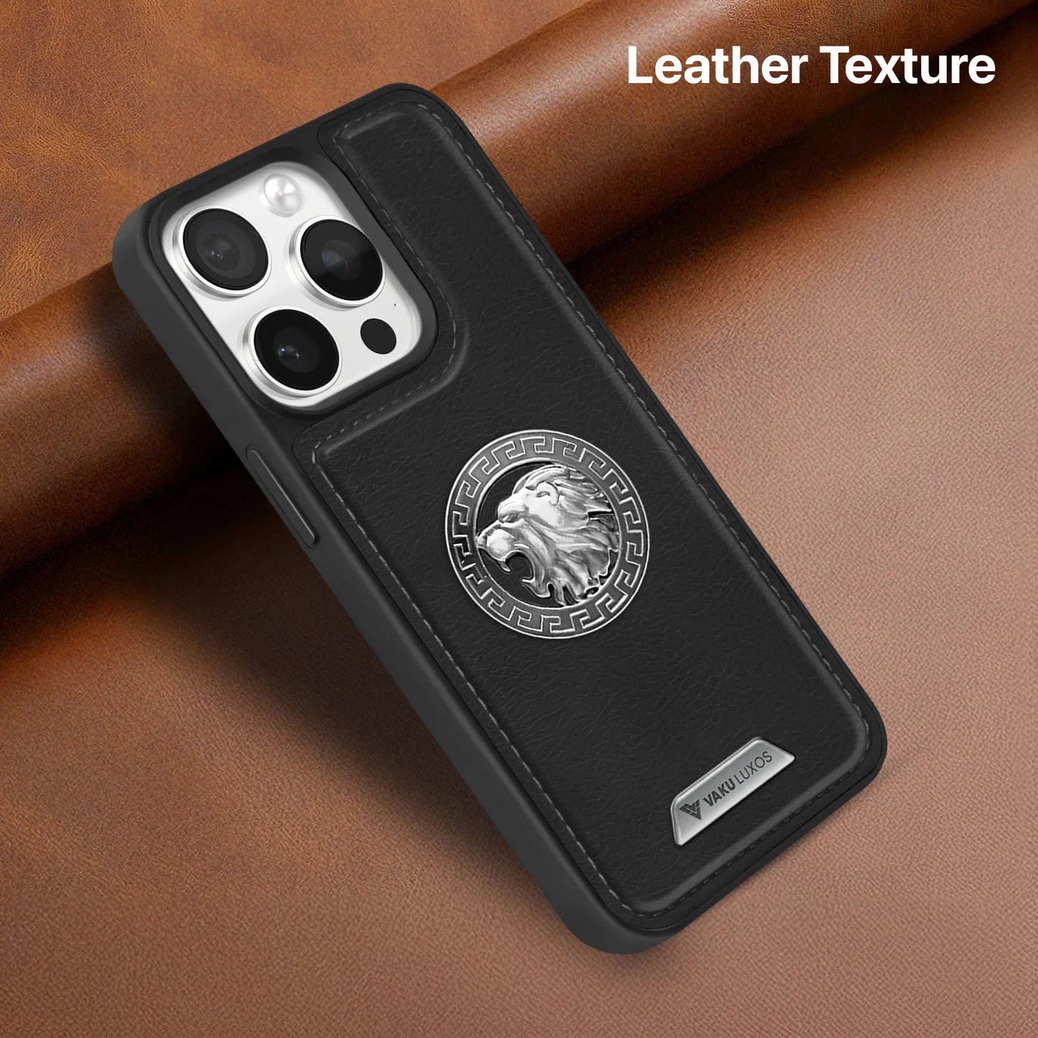 Vaku ® Apple iPhone 15 Pro Max Regal Shield Metal Lion Engraved Leather Back Cover - Image 7