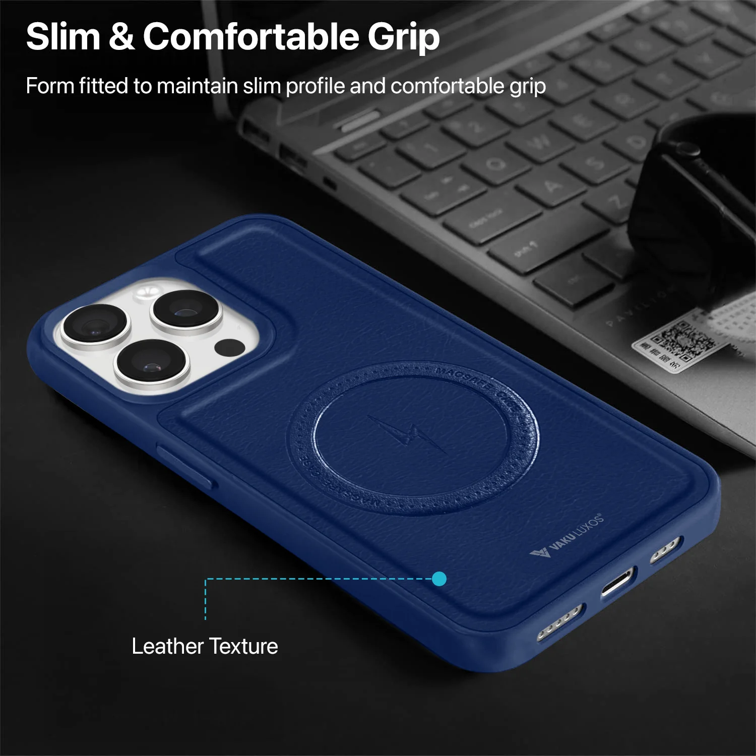 Vaku ® Apple iPhone 15 Pro Maxtron Leather Stitched Magnetic Magsafe Back Cover - Image 5