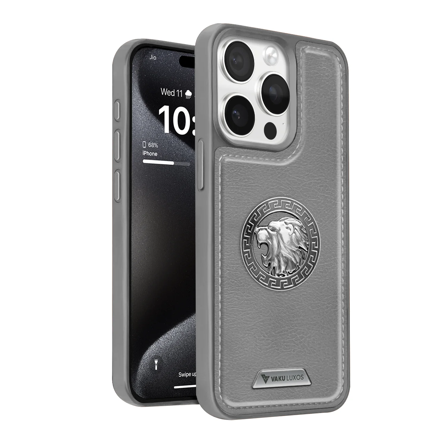 Vaku ® Apple iPhone 15 Pro Regal Shield Metal Lion Engraved Leather Back Cover - Image 3