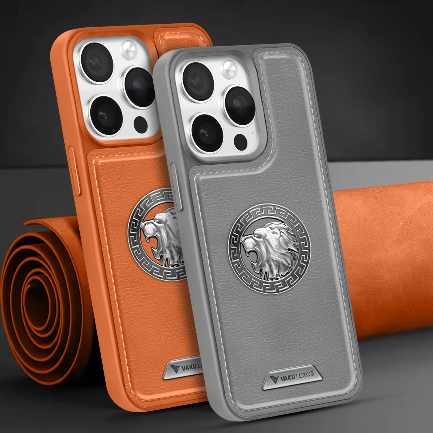 Vaku ® Apple iPhone 15 Pro Regal Shield Metal Lion Engraved Leather Back Cover - Image 8