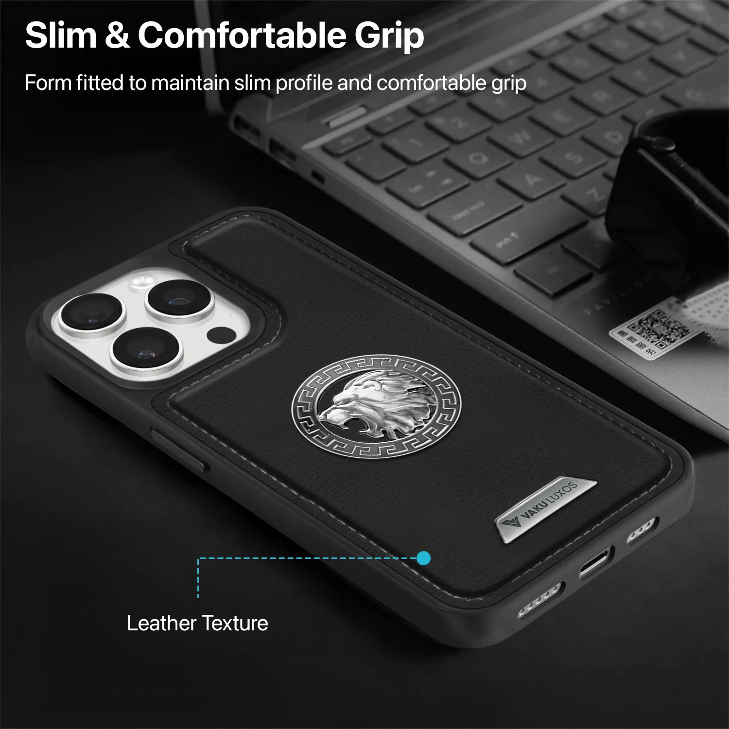 Vaku ® Apple iPhone 15 Pro Regal Shield Metal Lion Engraved Leather Back Cover - Image 9