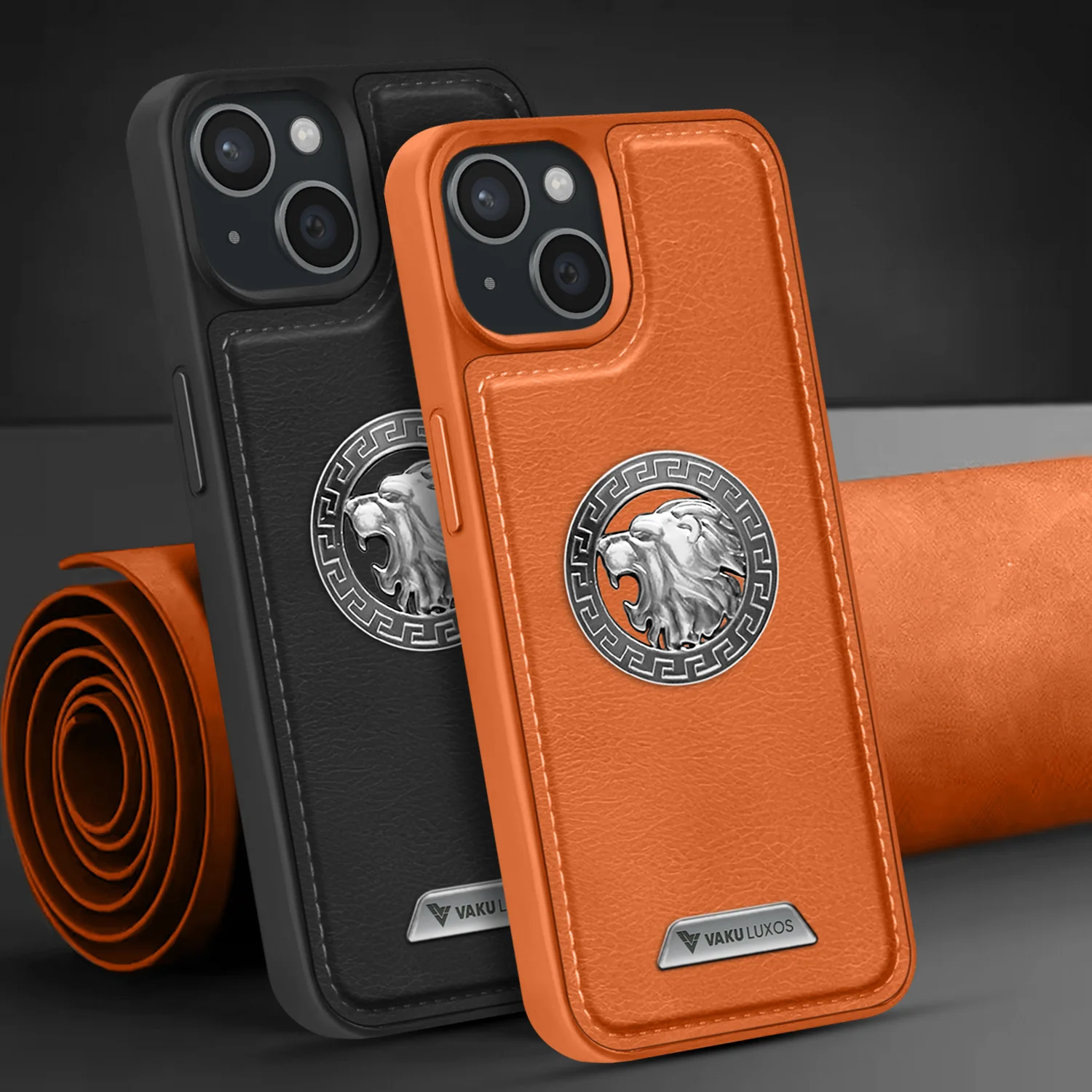 Vaku ® Apple iPhone 15 Regal Shield Metal Lion Engraved Leather Back Cover - Image 14