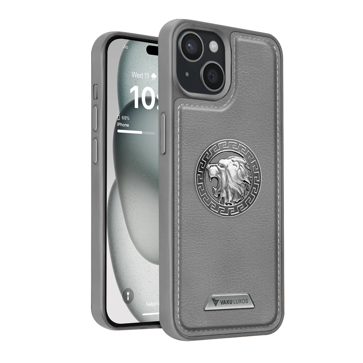 Vaku ® Apple iPhone 15 Regal Shield Metal Lion Engraved Leather Back Cover - Image 3