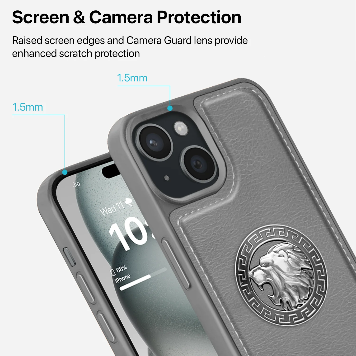 Vaku ® Apple iPhone 15 Regal Shield Metal Lion Engraved Leather Back Cover - Image 4