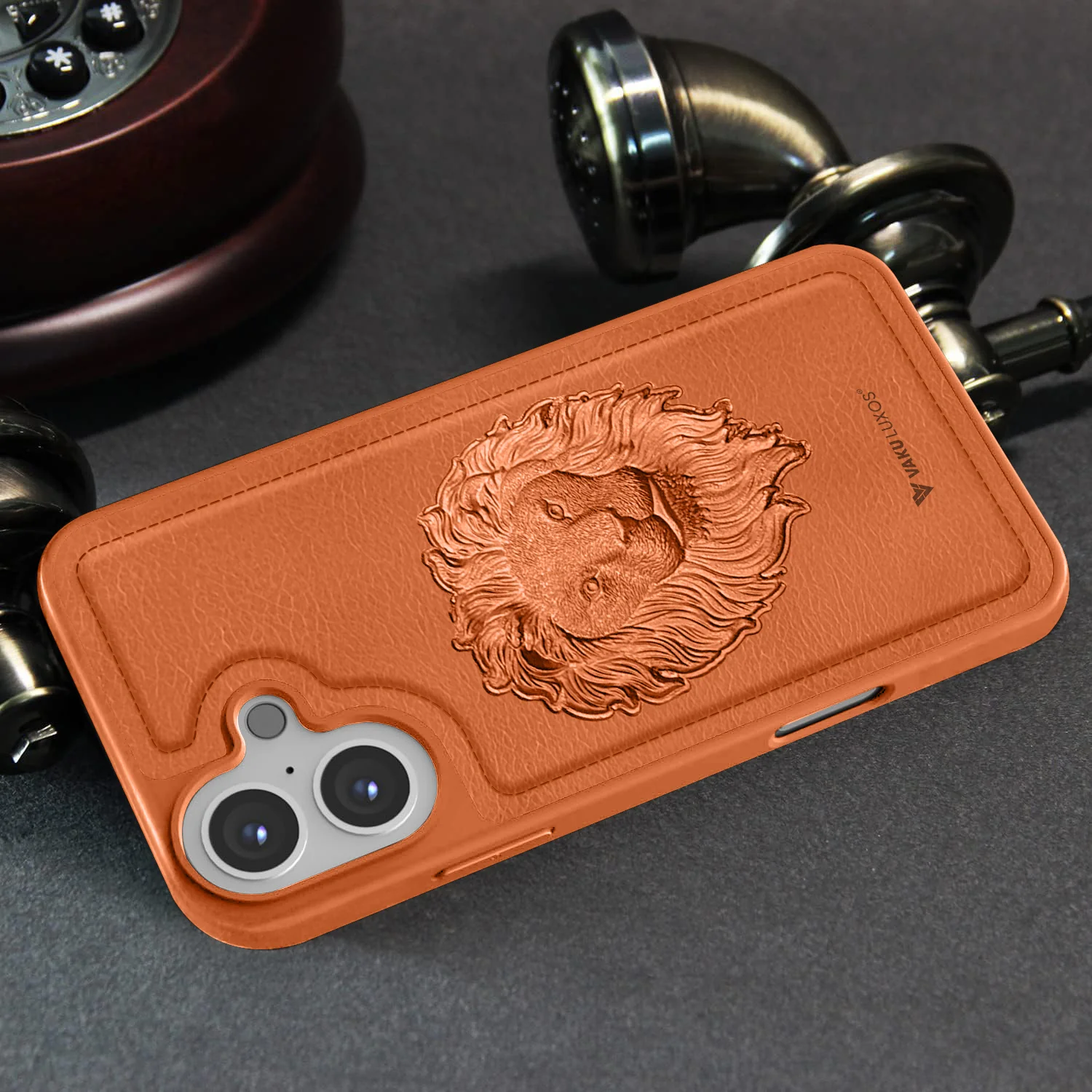 Vaku ® Apple iPhone 16 Lion Embossed Luxury Designer Leather Back Cover - Image 5