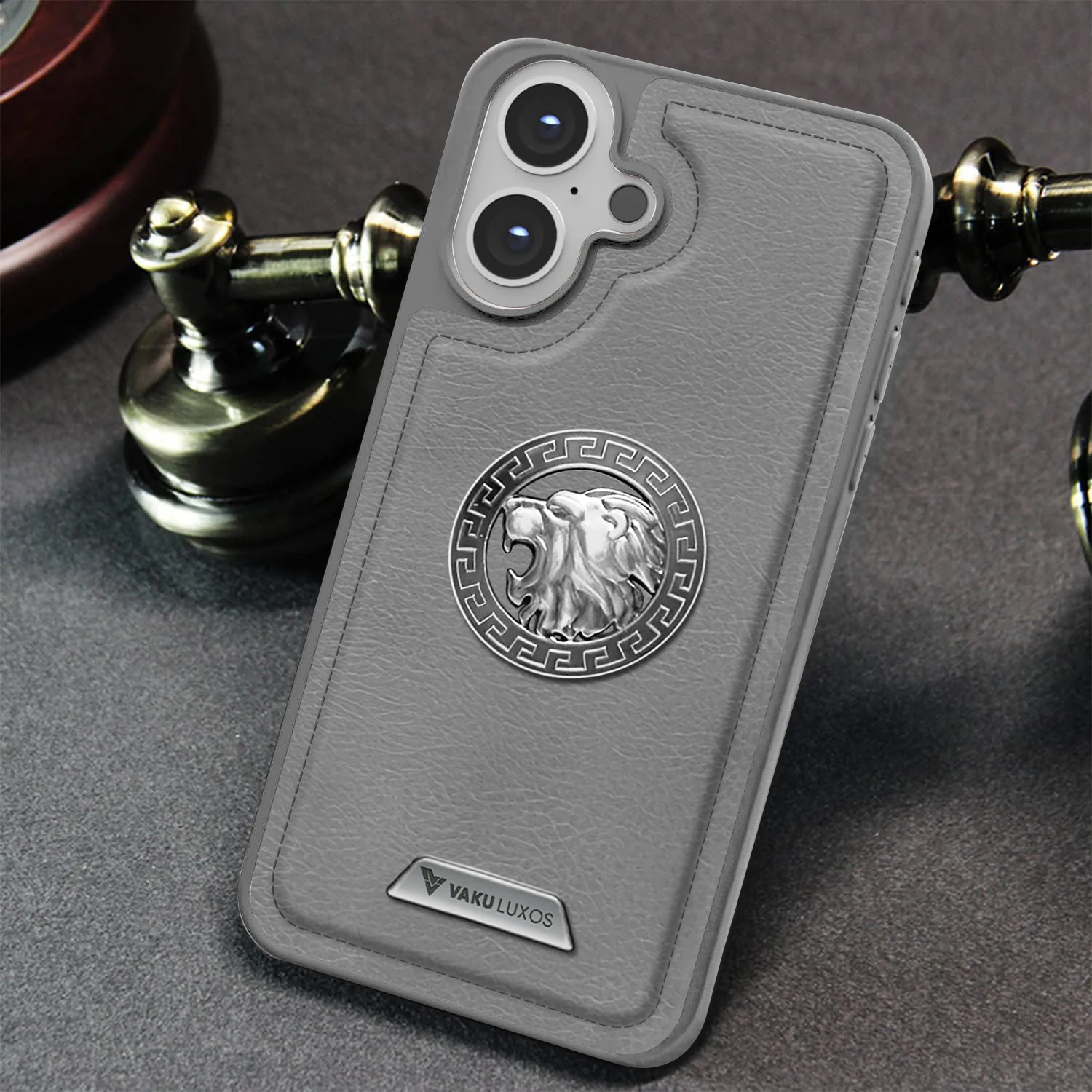 Vaku ® Apple iPhone 16 Plus Regal Shield Metal Lion Engraved Leather Back Cover - Image 11
