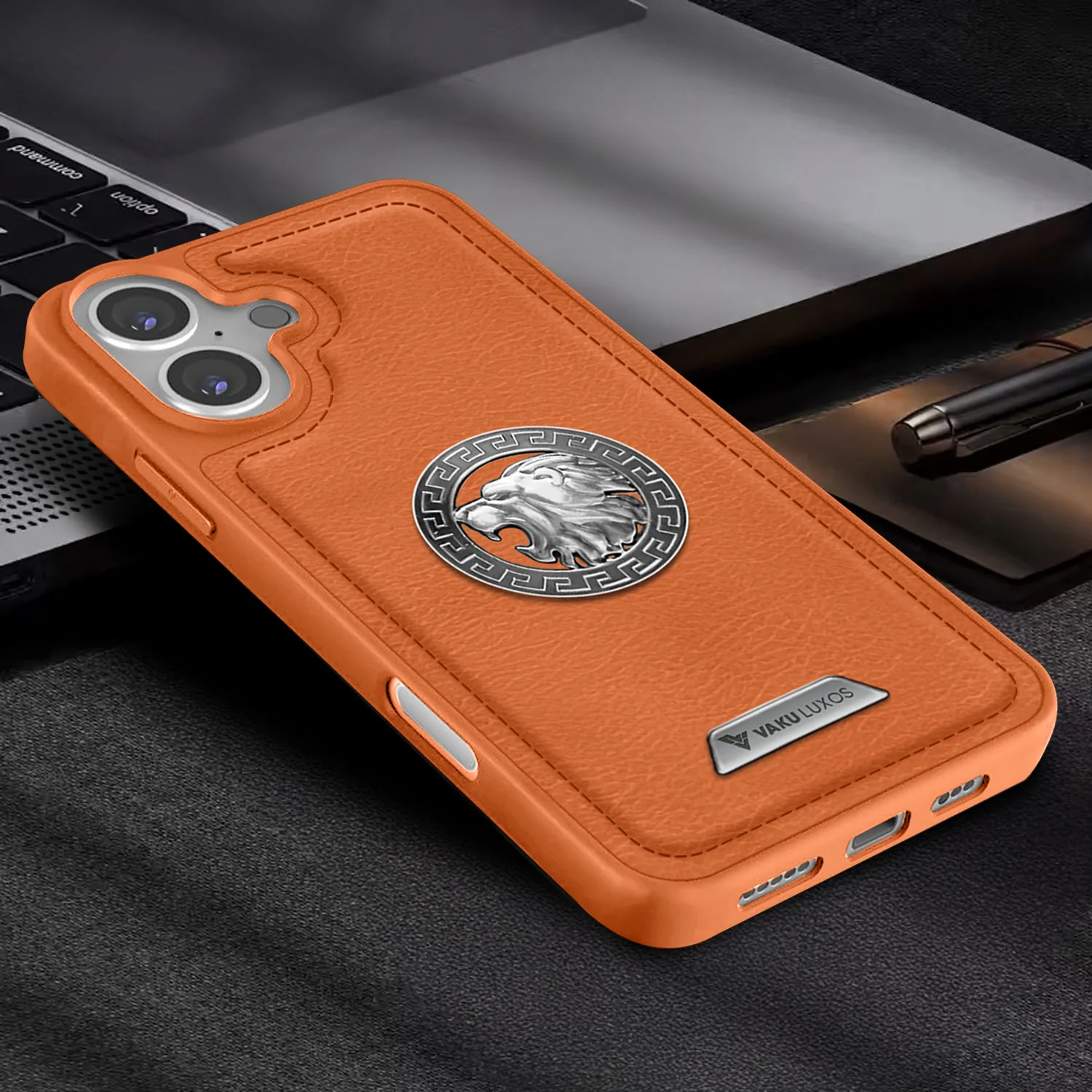 Vaku ® Apple iPhone 16 Plus Regal Shield Metal Lion Engraved Leather Back Cover - Image 14