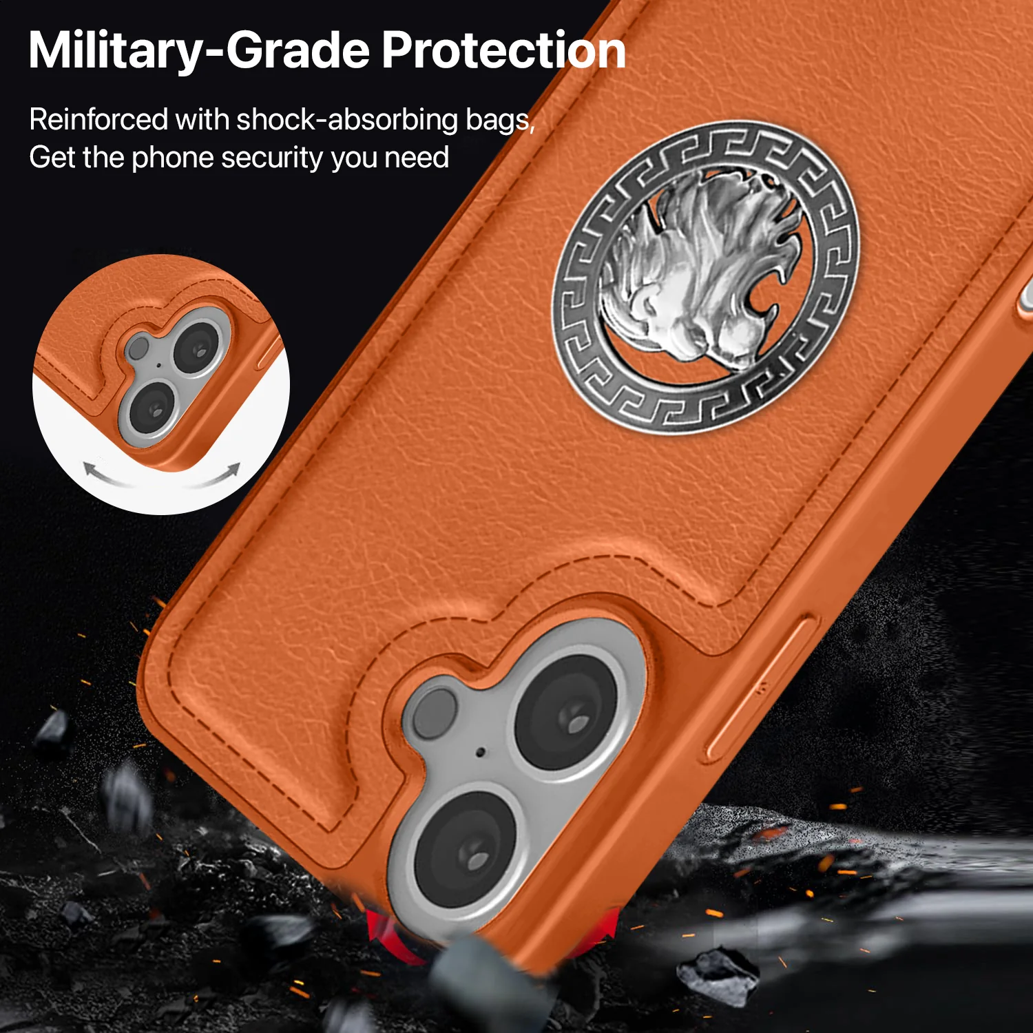 Vaku ® Apple iPhone 16 Plus Regal Shield Metal Lion Engraved Leather Back Cover - Image 5