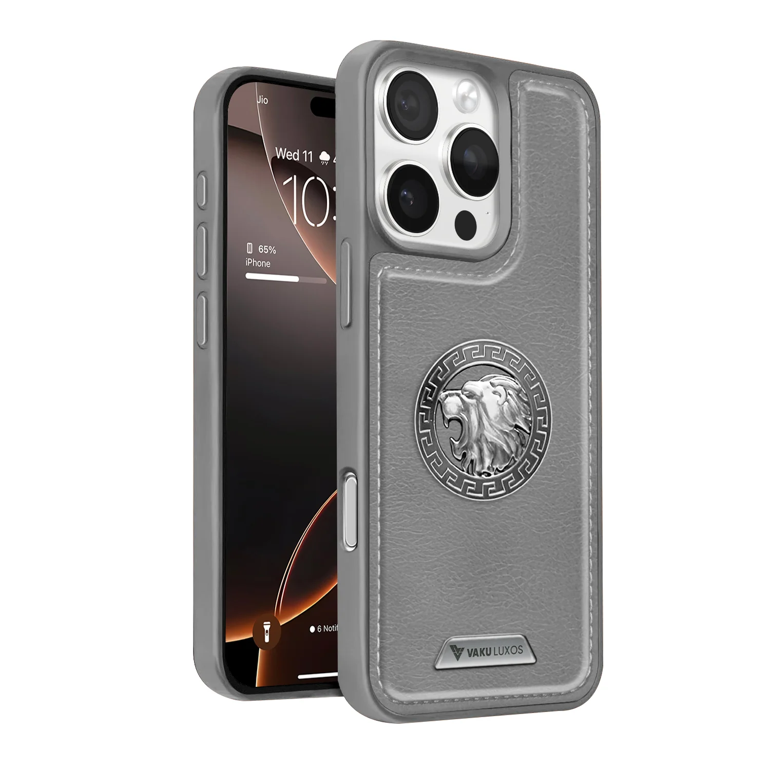Vaku ® Apple iPhone 16 Pro Regal Shield Metal Lion Engraved Leather Back Cover - Image 3