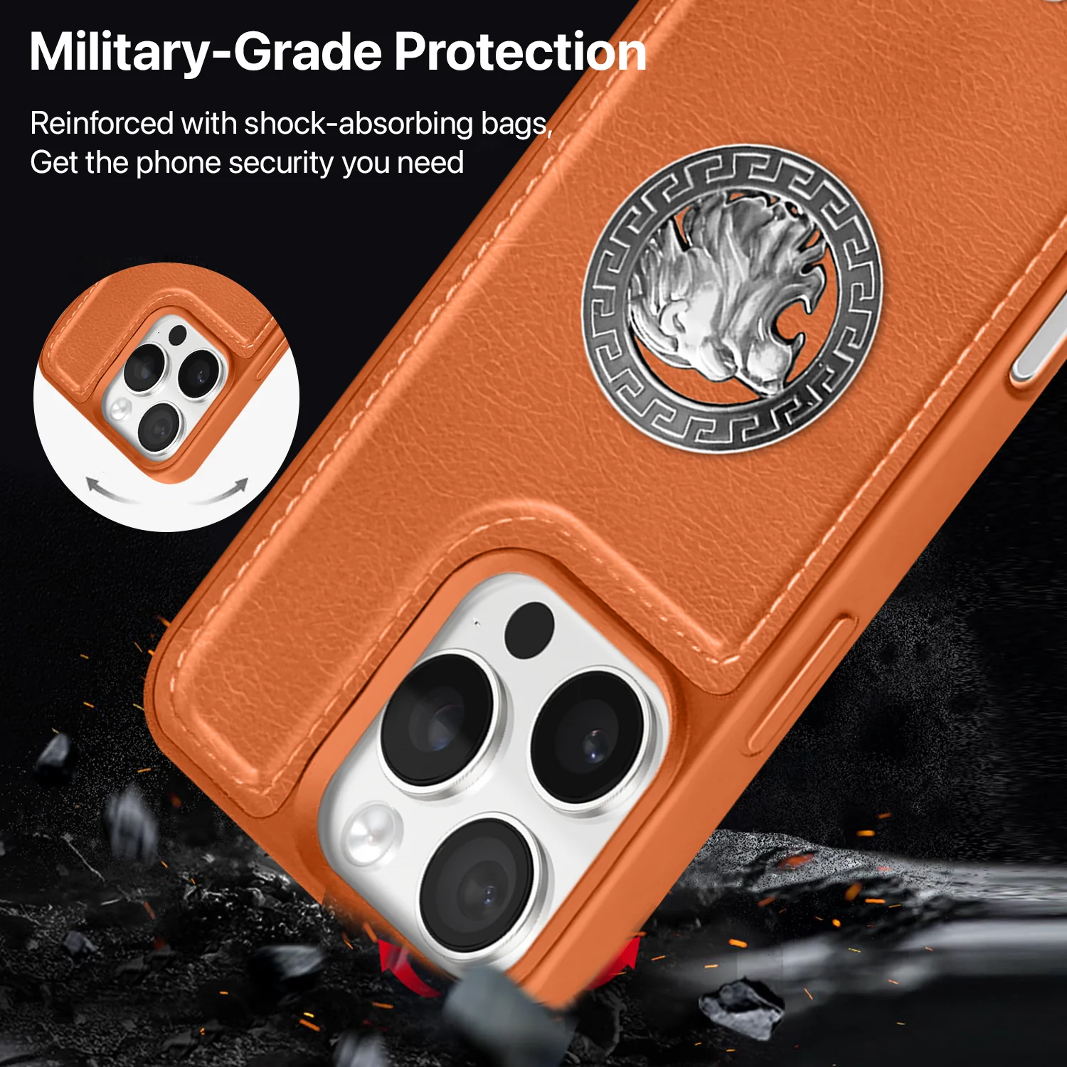 Vaku ® Apple iPhone 16 Pro Regal Shield Metal Lion Engraved Leather Back Cover - Image 4