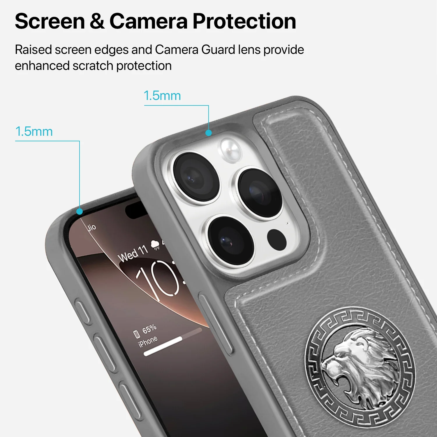 Vaku ® Apple iPhone 16 Pro Regal Shield Metal Lion Engraved Leather Back Cover - Image 5